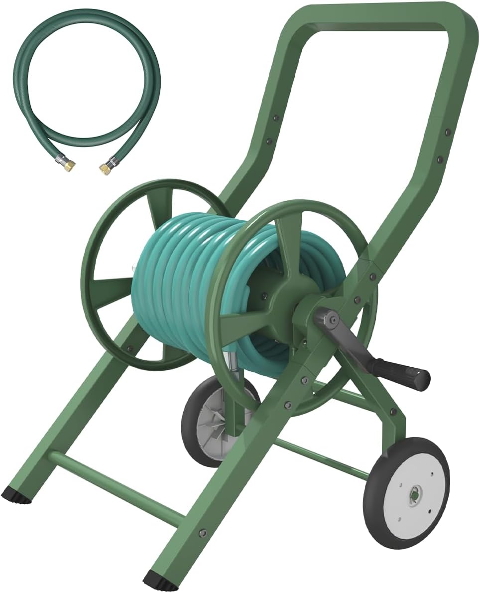 Artigarden Garden Hose Reel Cart with Wheels, Outdoor Heavy Duty Powder-coated Steel Water Storage Winder Holder, Holds 125 ft of 5/8’’ Hose with 3.9 Ft Leader Hose for Outside Lawn Yard, Black