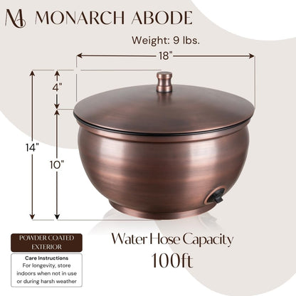 Monarch Abode Garden Hose Holder with Lid – Decorative Water Hose Holders for Outside, Smooth Metal Antique Copper Pot with Drainage, 100ft Waterhose Holder for Outside, Garden Storage Caddy