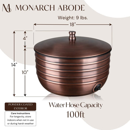 Monarch Abode Garden Hose Holder with Lid – Decorative Water Hose Holders for Outside, Border Embossed Metal Patina Pot with Drainage, 100ft Waterhose Holder for Outside, Garden Storage Caddy