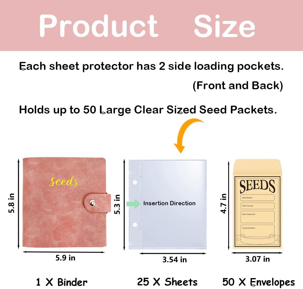 Seed Storage Organizer Binder, 3 Ring Seed Packet Organizer with 100 Pockets(25 Pack Clear Sheet Protectors), Garden Seed Holder Book for Envelopes, Seed Saving Keeper, Green