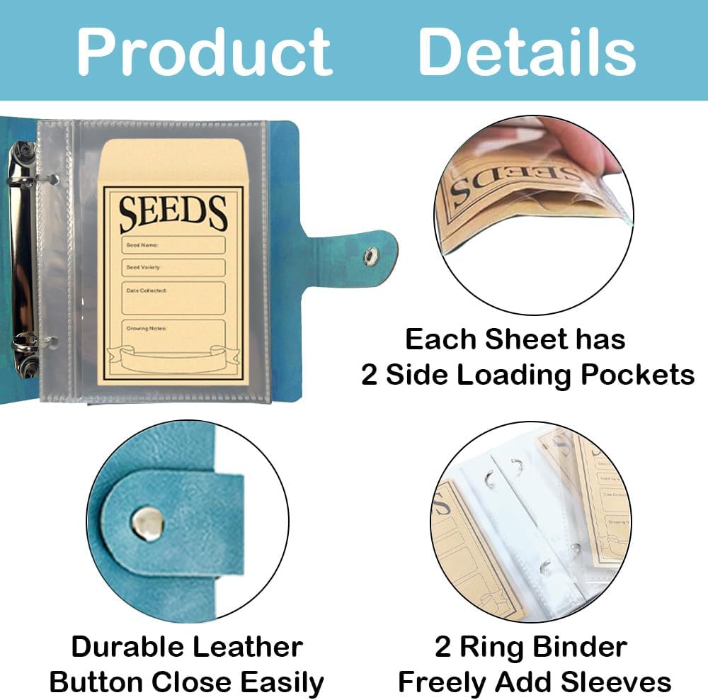 Seed Storage Organizer Binder, 3 Ring Seed Packet Organizer with 100 Pockets(25 Pack Clear Sheet Protectors), Garden Seed Holder Book for Envelopes, Seed Saving Keeper, Green