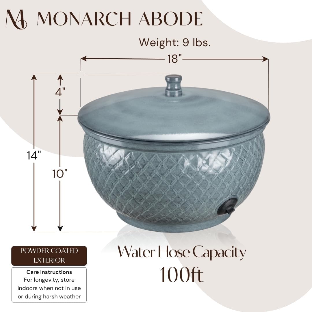 Monarch Abode Garden Hose Holder with Lid – Decorative Water Hose Holders for Outside, Diamond Embossed Metal Patina Pot with Drainage, 100ft Waterhose Holder for Outside, Garden Storage Caddy