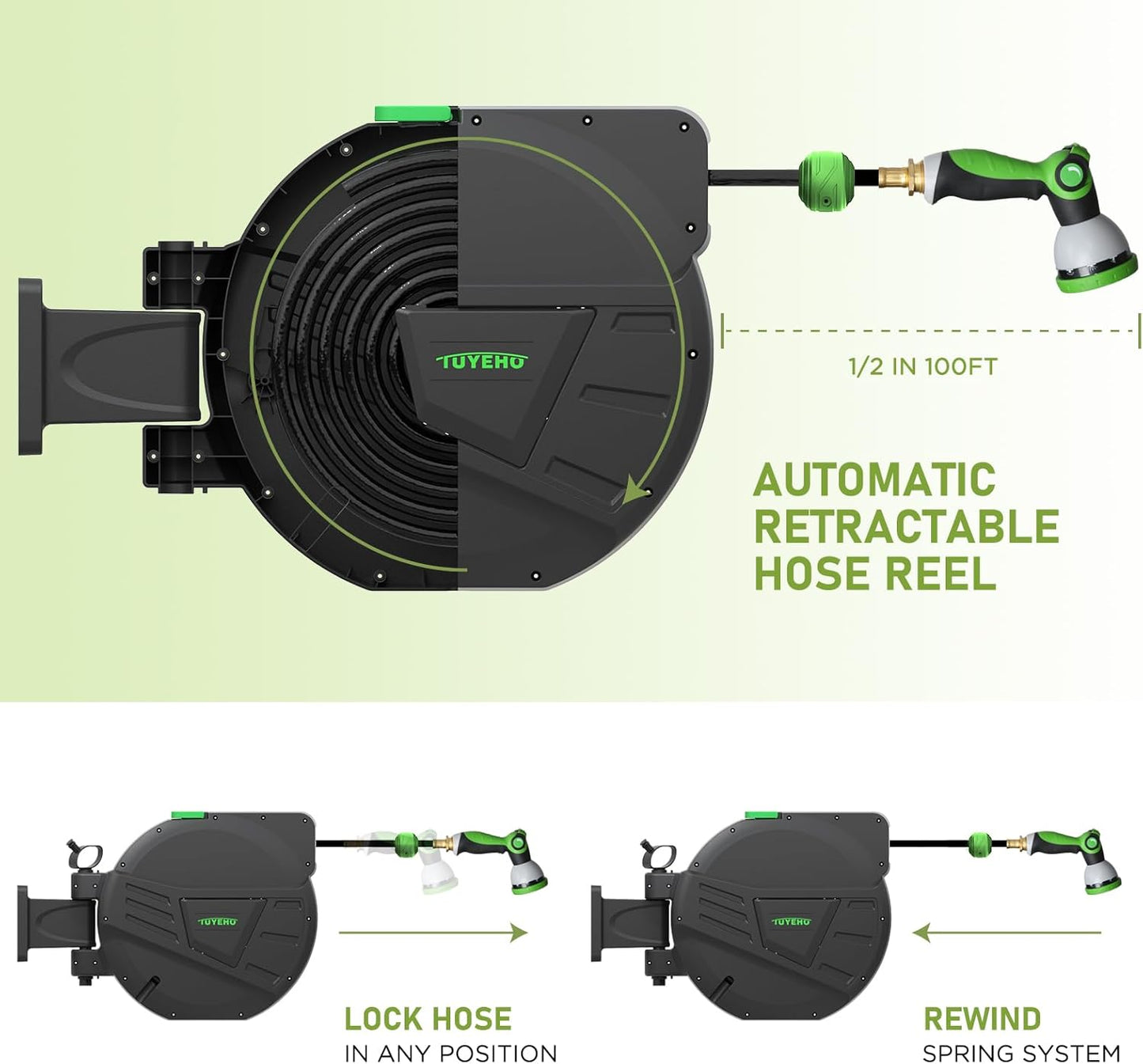 Tuyeho Retractable Garden Hose Reel 100FT, Wall Mount Heavy Duty Water Hose Reels with Automatic Slow Rewind System, Outdoor Hoses Reel with 2 Hose Nozzles for Garden Watering, Car Wash, Pet Shower