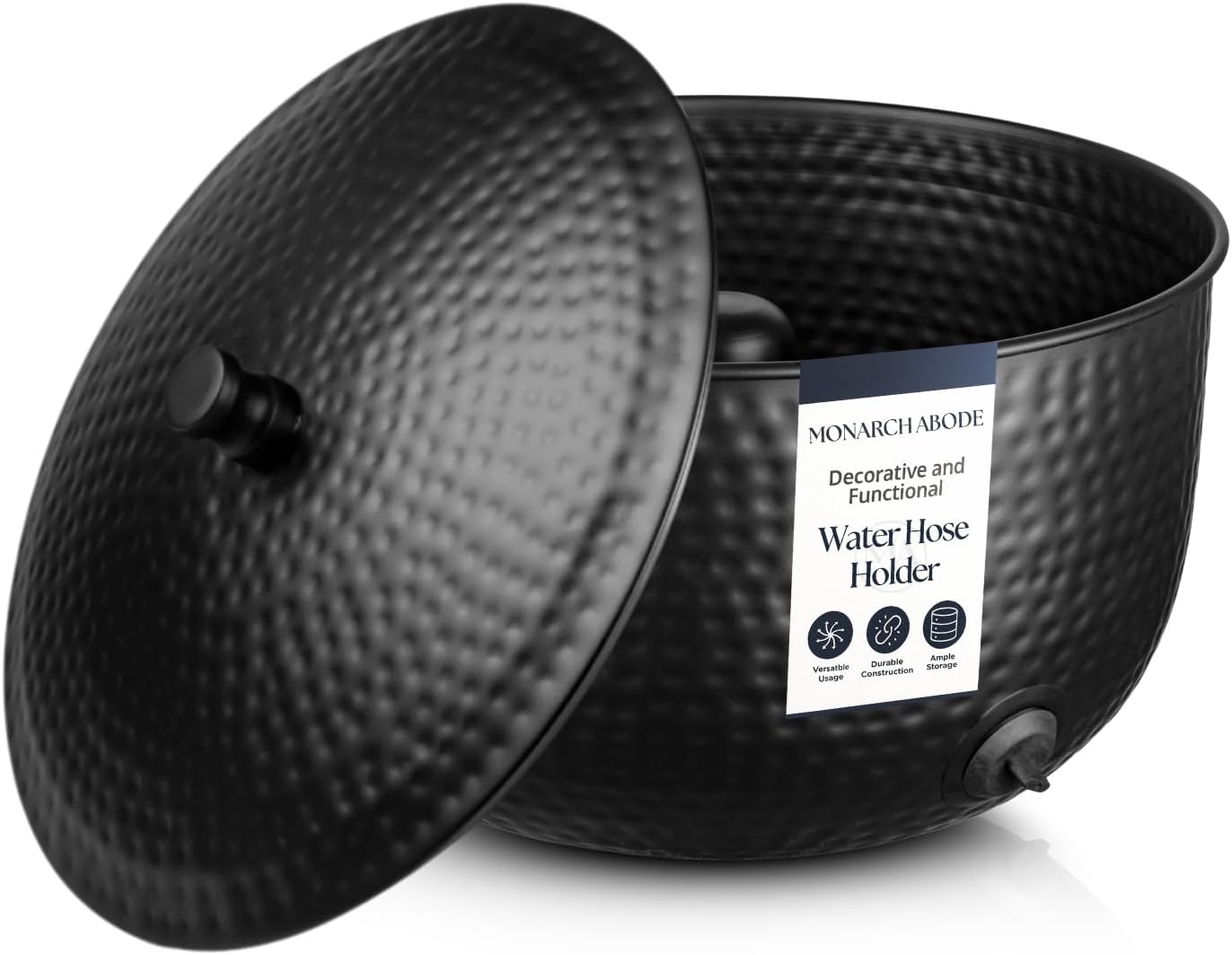 Monarch Abode Garden Hose Holder with Lid – Decorative Water Hose Holders for Outside, Hand Hammered Metal Matte Black Pot with Drainage, 100ft Waterhose Holder for Outside, Garden Storage Caddy