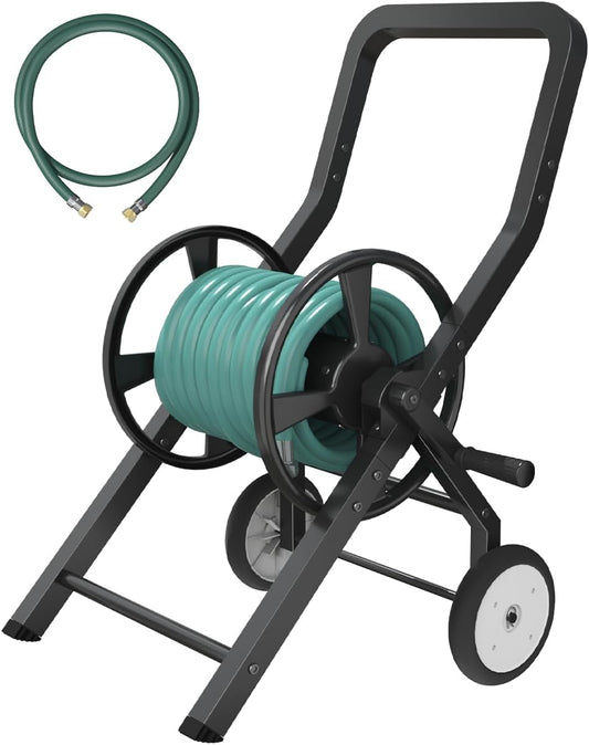Artigarden Garden Hose Reel Cart with Wheels, Outdoor Heavy Duty Powder-coated Steel Water Storage Winder Holder, Holds 125 ft of 5/8’’ Hose with 3.9 Ft Leader Hose for Outside Lawn Yard, Black