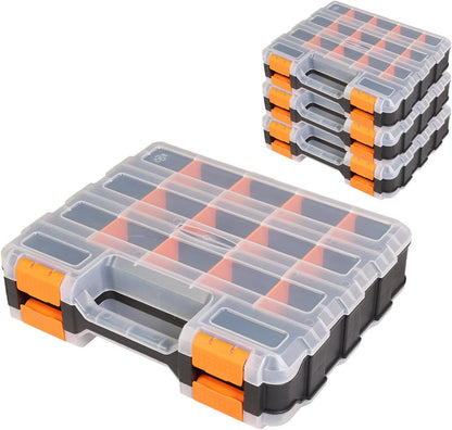 Jack Boss Tool Box with Transparent Lid, Double Side 34-Compartments Organizer Box with Removable Dividers for Hardware, Screws, Bolts, Nails, Beads, Jewelry and Fishing Accessories, Orange, 2 Pack
