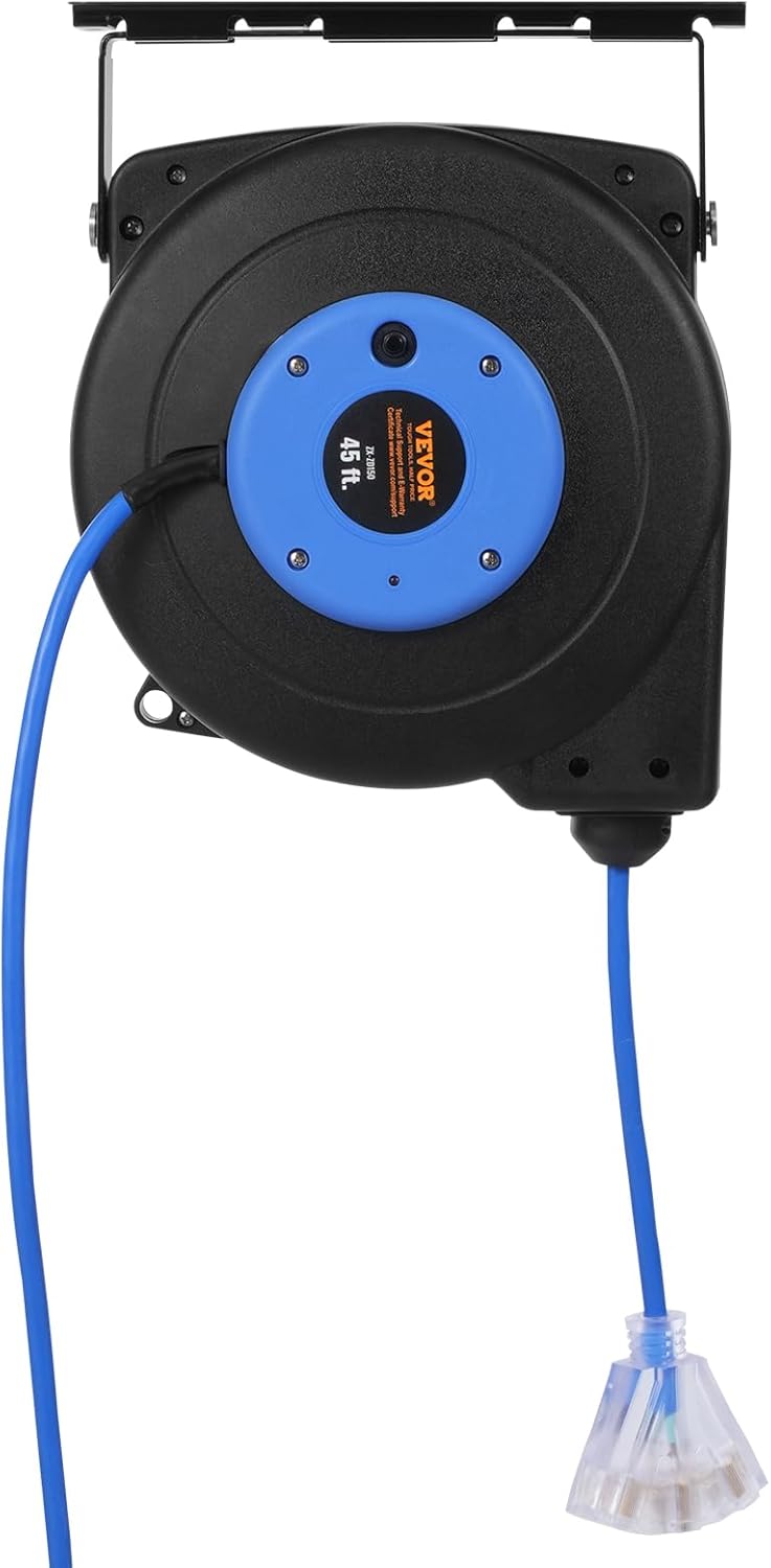 65FT Retractable Extension Cord Reel, Heavy Duty 12AWG/3C SJTOW Cord