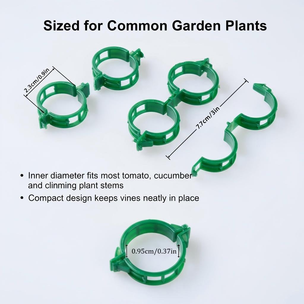 100Pcs Plant Support Clips - Plastic Stem Clips for Climbing Plants, Tomato Vines, Grape Vegetables, Secure & Reusable Garden Clips (Green)