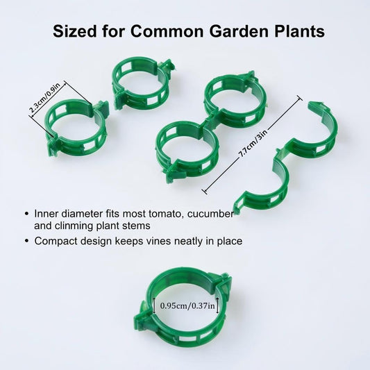 100Pcs Plant Support Clips - Plastic Stem Clips for Climbing Plants, Tomato Vines, Grape Vegetables, Secure & Reusable Garden Clips (Green)