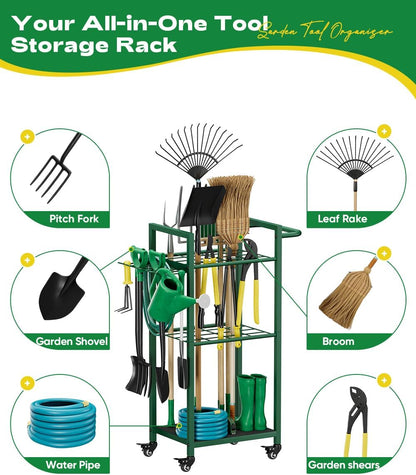 Garden Tool Organizer with Wheels, Heavy Duty 3 Tier Metal Yard Tool Storage Rack Holder with Side Hooks, Freestanding Garage Organizer for Shovels, Rakes, Brooms, Indoor Outdoor Use, Black
