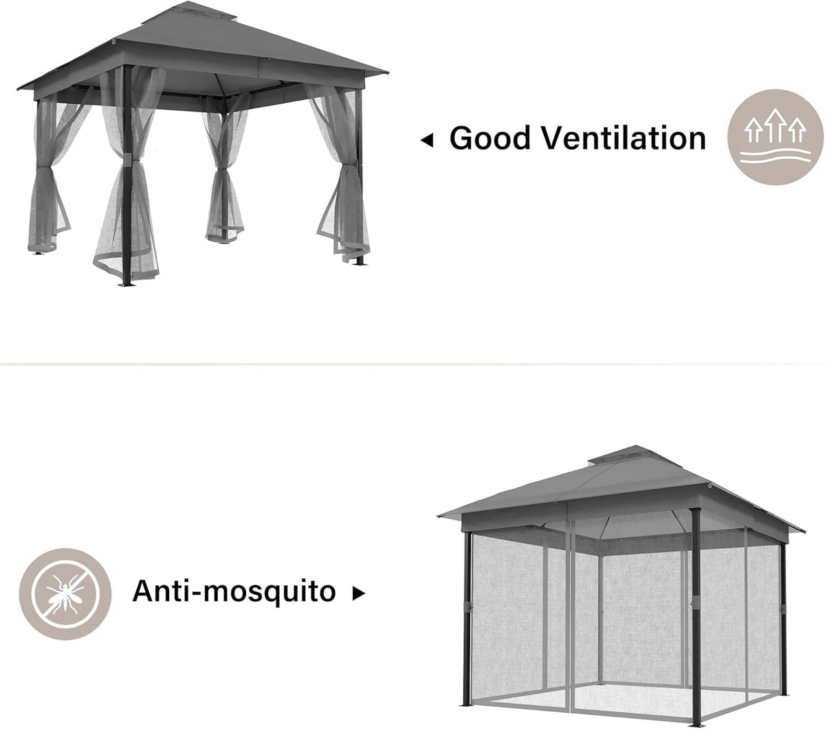 10x20 Gazebo Canopy with 100FT String Lights, Metal Heavy Duty Patio Canopy Tent with Double Roofs, Mosquito Nettings and Privacy Screens for Backyard, Garden, Lawn, Gray