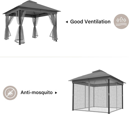 10x20 Gazebo Canopy with 100FT String Lights, Metal Heavy Duty Patio Canopy Tent with Double Roofs, Mosquito Nettings and Privacy Screens for Backyard, Garden, Lawn, Gray
