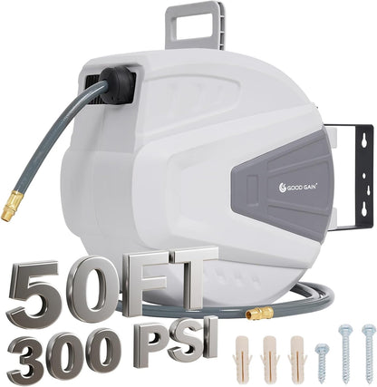 Air Hose Reel Retractable 3/8 in. x 50 ft Hybrid Polymer Hose, Retractable Auto-Rewind Enclosed Heavy Duty 180° Swivel Mount, Max 300PSI Commerical Polypropylene Grey