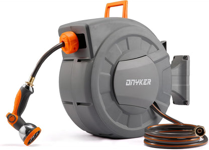 Retractable Garden Hose Reel, 1/2 inch x 100 ft Water Hose Reel Wall Mounted, Any Length Lock, Slow Auto-Rewind, 180°Swivel Bracket & 10 Pattern Nozzle