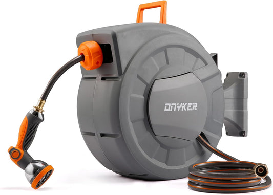 Retractable Garden Hose Reel, 1/2 inch x 100 ft Water Hose Reel Wall Mounted, Any Length Lock, Slow Auto-Rewind, 180°Swivel Bracket & 10 Pattern Nozzle