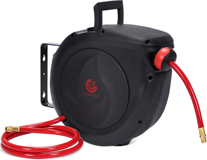 Air Hose Reel Retractable 3/8 in. x 50 ft Hybrid Polymer Hose, Retractable Auto-Rewind Enclosed Heavy Duty 180° Swivel Mount, Max 300PSI Commerical Polypropylene Grey