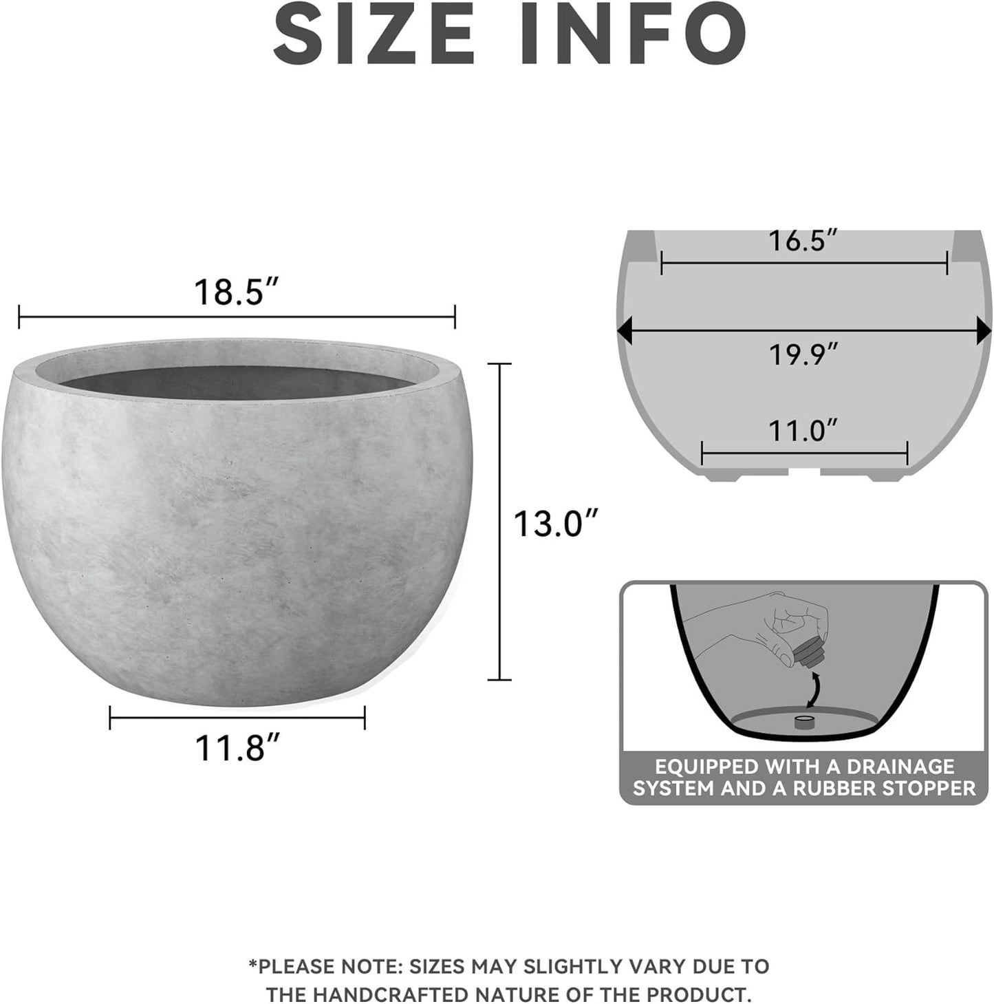 Large Round Bowl Vintage BRN Concrete Planter 19.9" Dia, Outdoor