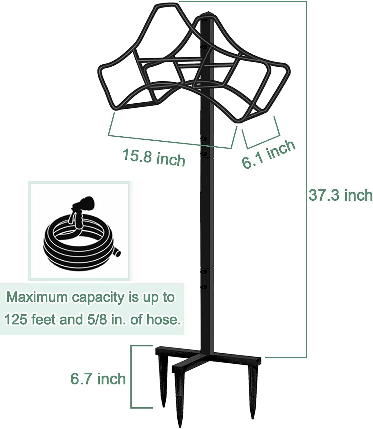 Garbuildman Garden Hose Holder with 3 Spikes, Freestanding Metal Hose Stand for Outdoor Garden, Detachable Hose Storage Rack for Lawn & Yard, Volcano Black