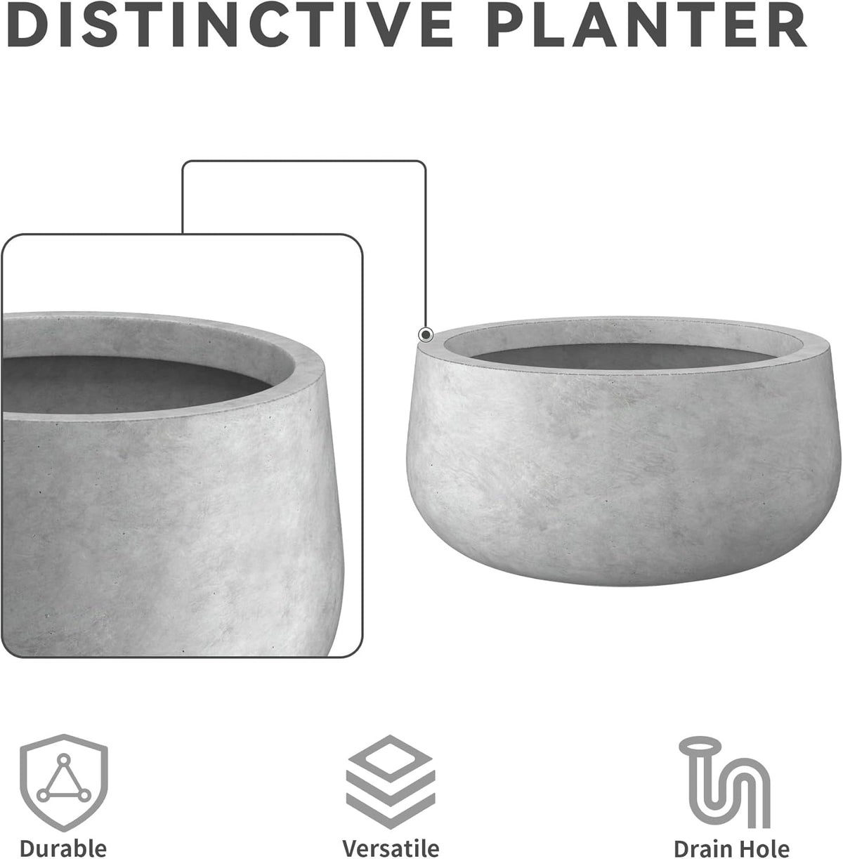 Kante 15.7" Dia Round Concrete Planter, Outdoor Indoor Garden Plant Pots with Drainage Hole and Rubber Plug, Modern Curvaceous Design, Slate Gray