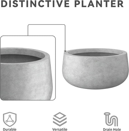 Kante 15.7" Dia Round Concrete Planter, Outdoor Indoor Garden Plant Pots with Drainage Hole and Rubber Plug, Modern Curvaceous Design, Slate Gray