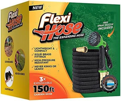 Flexi Hose Lightweight Expandable Garden Hose, 150FT -Retractable Garden Hose, Water Hose - No-Kink Flexibility, 3/4 Inch Solid Brass Fittings and Double Latex Core
