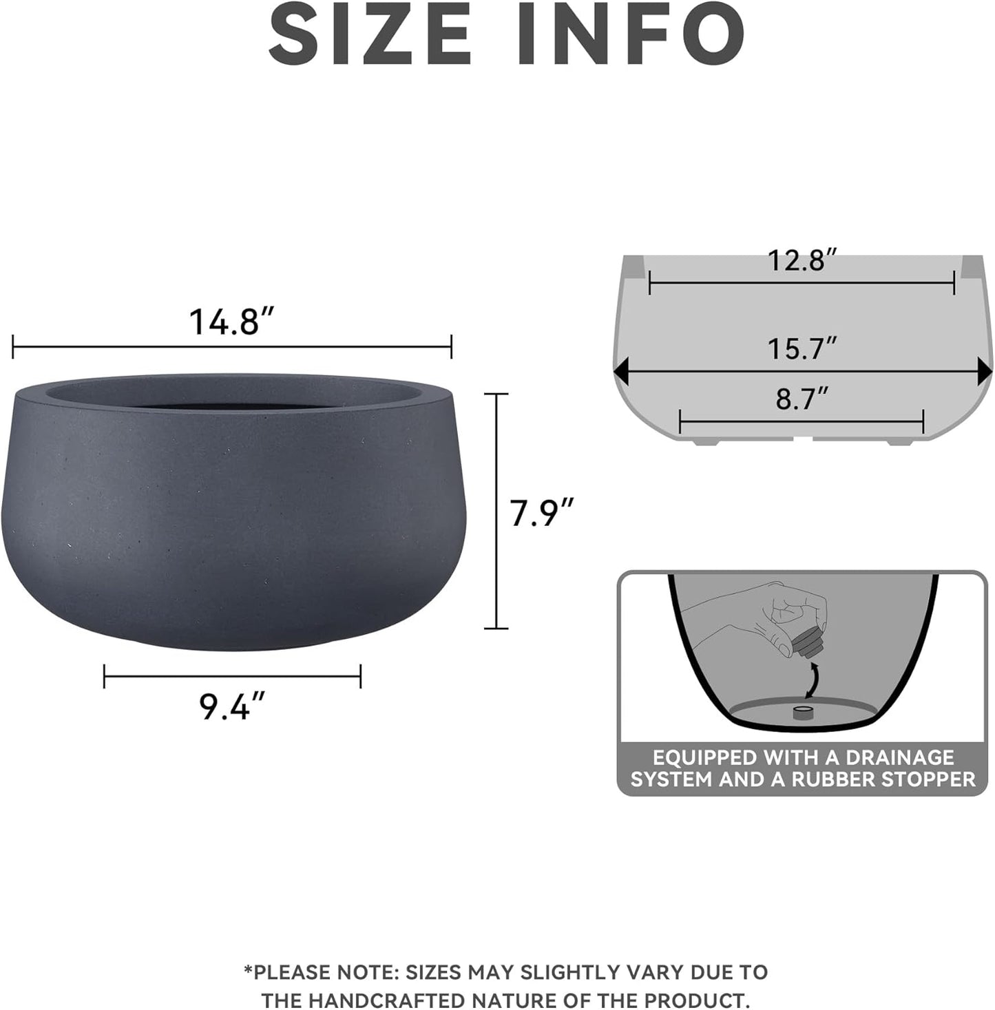 Kante 15.7" Dia Round Concrete Planter, Outdoor Indoor Garden Plant Pots with Drainage Hole and Rubber Plug, Modern Curvaceous Design, Slate Gray