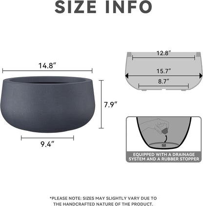 Kante 15.7" Dia Round Concrete Planter, Outdoor Indoor Garden Plant Pots with Drainage Hole and Rubber Plug, Modern Curvaceous Design, Slate Gray