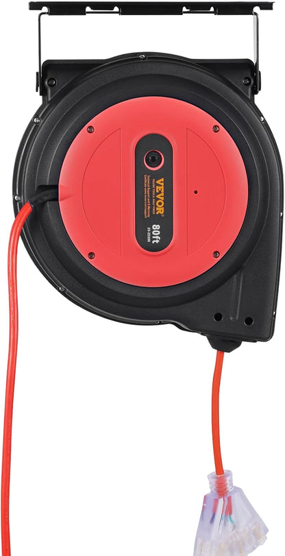 65FT Retractable Extension Cord Reel, Heavy Duty 12AWG/3C SJTOW Cord