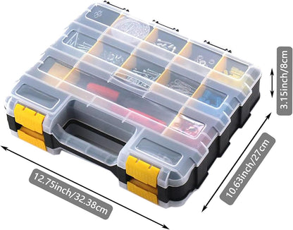 Small Parts Storage Case Tools Box Organizer Double Side 34 Compartments Hardware Organizers with Removable Plastic Dividers for Screws Nuts Nails Bolts