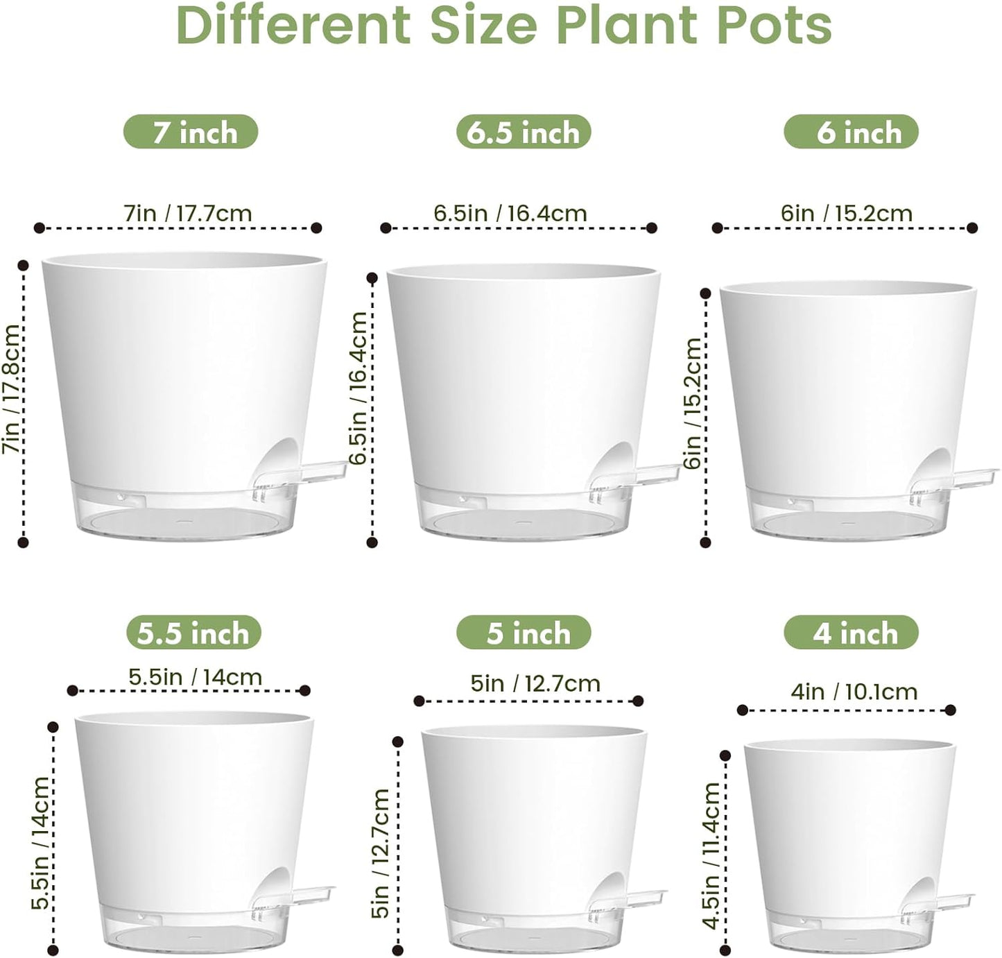 Meowell Self Watering Pots Pack of 6 – Different Size 4" to 7" Indoor Plant Pots with Drainage Holes and Clear Reservoir for Visible Water Level, Plastic Wicking Planters for House Plants, White