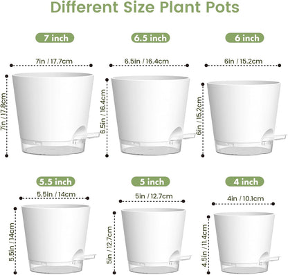 Meowell Self Watering Pots Pack of 6 – Different Size 4" to 7" Indoor Plant Pots with Drainage Holes and Clear Reservoir for Visible Water Level, Plastic Wicking Planters for House Plants, White