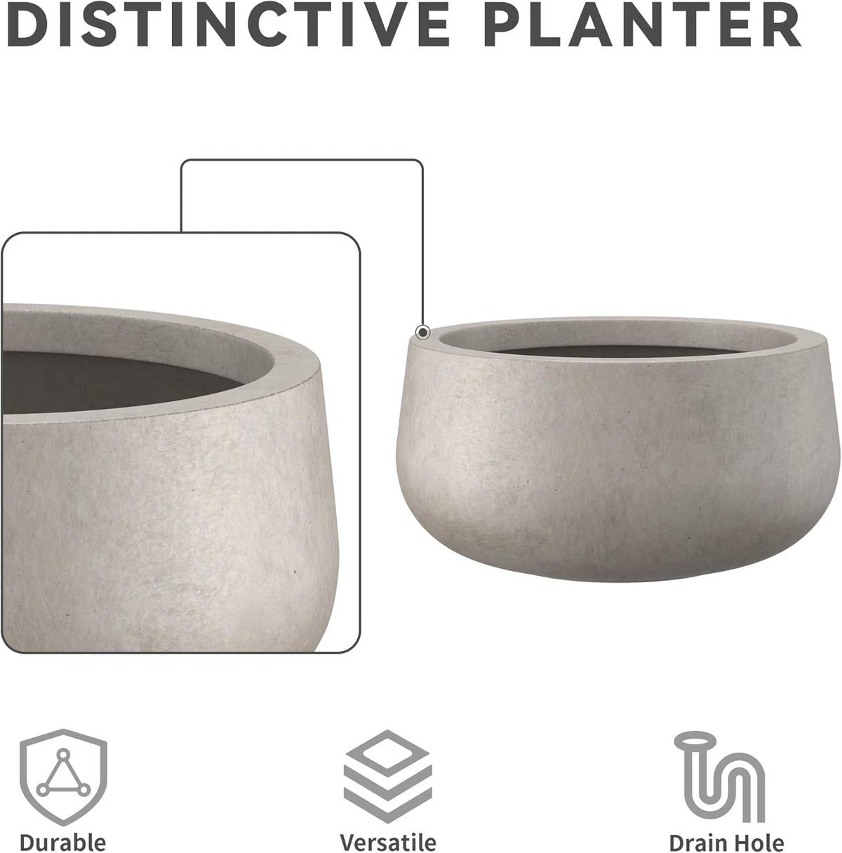 Kante 15.7" Dia Round Concrete Planter, Outdoor Indoor Garden Plant Pots with Drainage Hole and Rubber Plug, Modern Curvaceous Design, Slate Gray