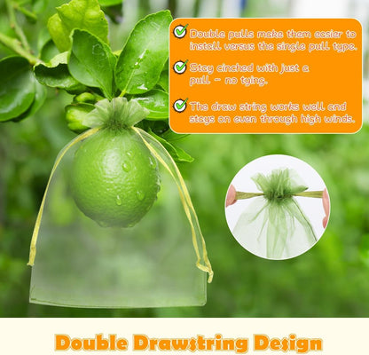 Shintop 100Pcs Fruit Protection Bags, 6x9 Inch Green Fruit Tree Netting Cover Drawstring Mesh Tomato Bags Pest Barrier for Apples Mango
