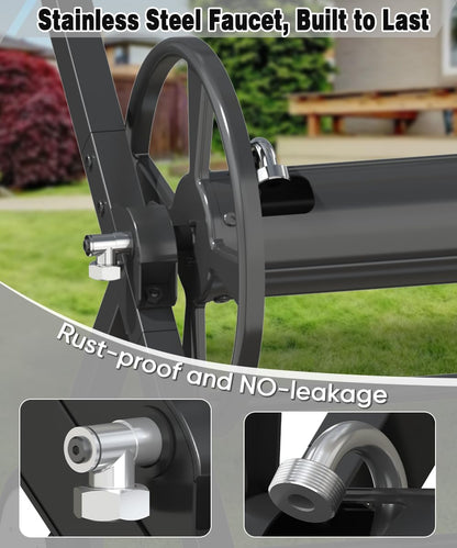 Artigarden Garden Hose Reel Cart with Wheels, Outdoor Heavy Duty Powder-coated Steel Water Storage Winder Holder, Holds 125 ft of 5/8’’ Hose with 3.9 Ft Leader Hose for Outside Lawn Yard, Black