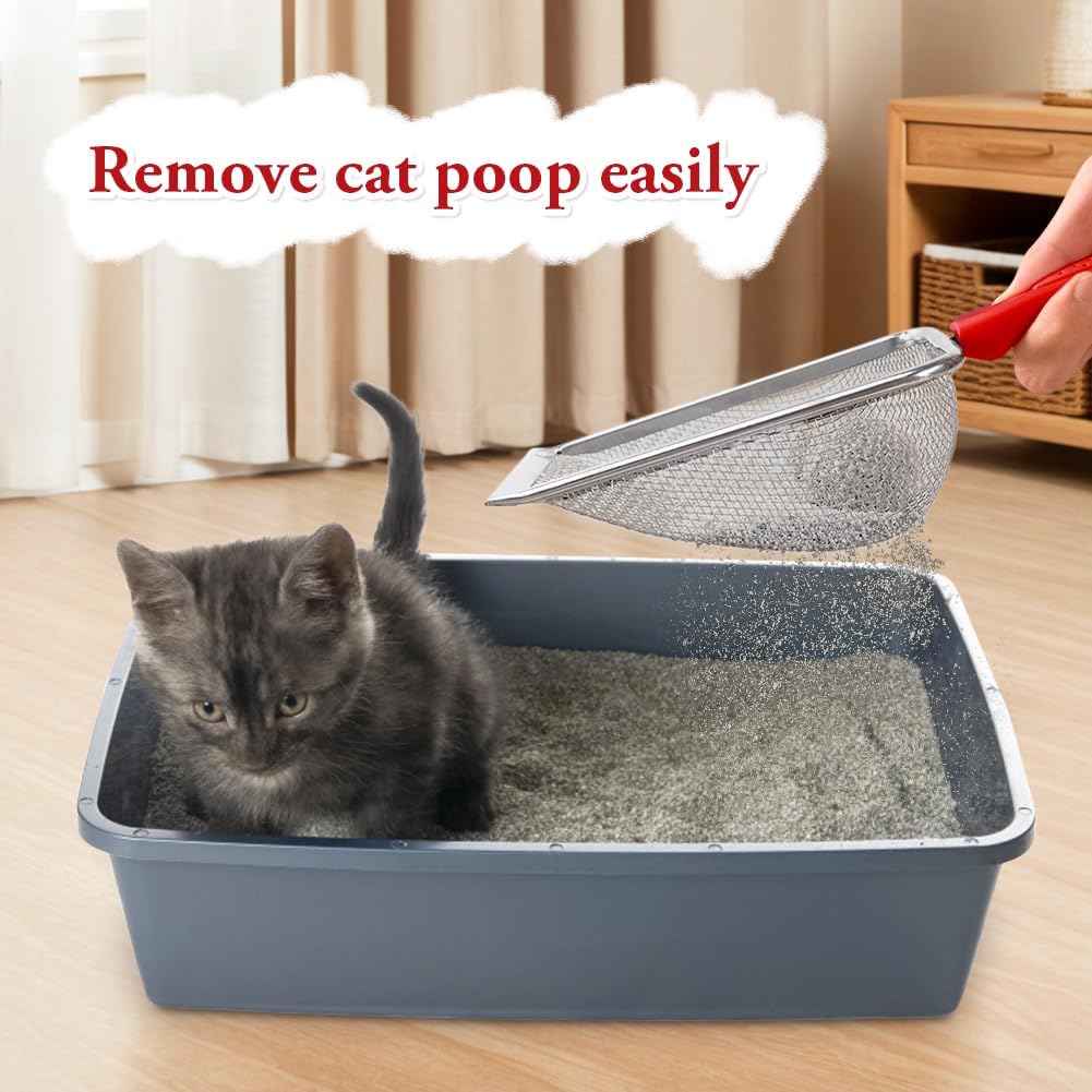 Cat Litter Scoop - Long Handle Scooper, Rustproof Stainless Steel Mesh, Non-Slip Grip, Deep Shovel Sifter for All Litter Types, Easy Clean Kitty Waste Litter for Litter Box(Black)