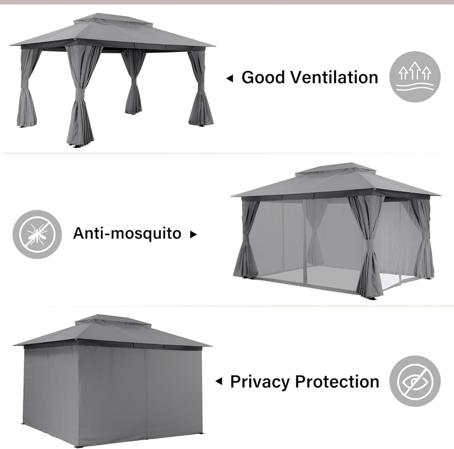 10x20 Gazebo Canopy with 100FT String Lights, Metal Heavy Duty Patio Canopy Tent with Double Roofs, Mosquito Nettings and Privacy Screens for Backyard, Garden, Lawn, Gray