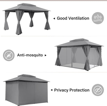 10x20 Gazebo Canopy with 100FT String Lights, Metal Heavy Duty Patio Canopy Tent with Double Roofs, Mosquito Nettings and Privacy Screens for Backyard, Garden, Lawn, Gray