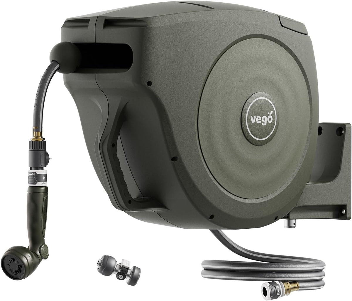 Vego Garden Hose Reel Retractable Hi-Flow Wall Mounted Hose Reel Automatic Rewind, Any Length Lock with 9 Patterns Sprayer Nozzle, Quick Connector and Adjustable shot Nozzle (Seaweed Green, 100ft)