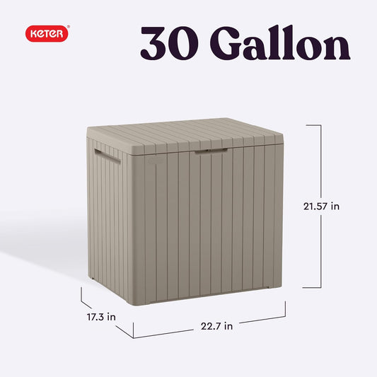 Keter City 30 Gallon Resin Outdoor Storage Box and Patio Furniture Side Table for Pool and Garden Accessories, Brown