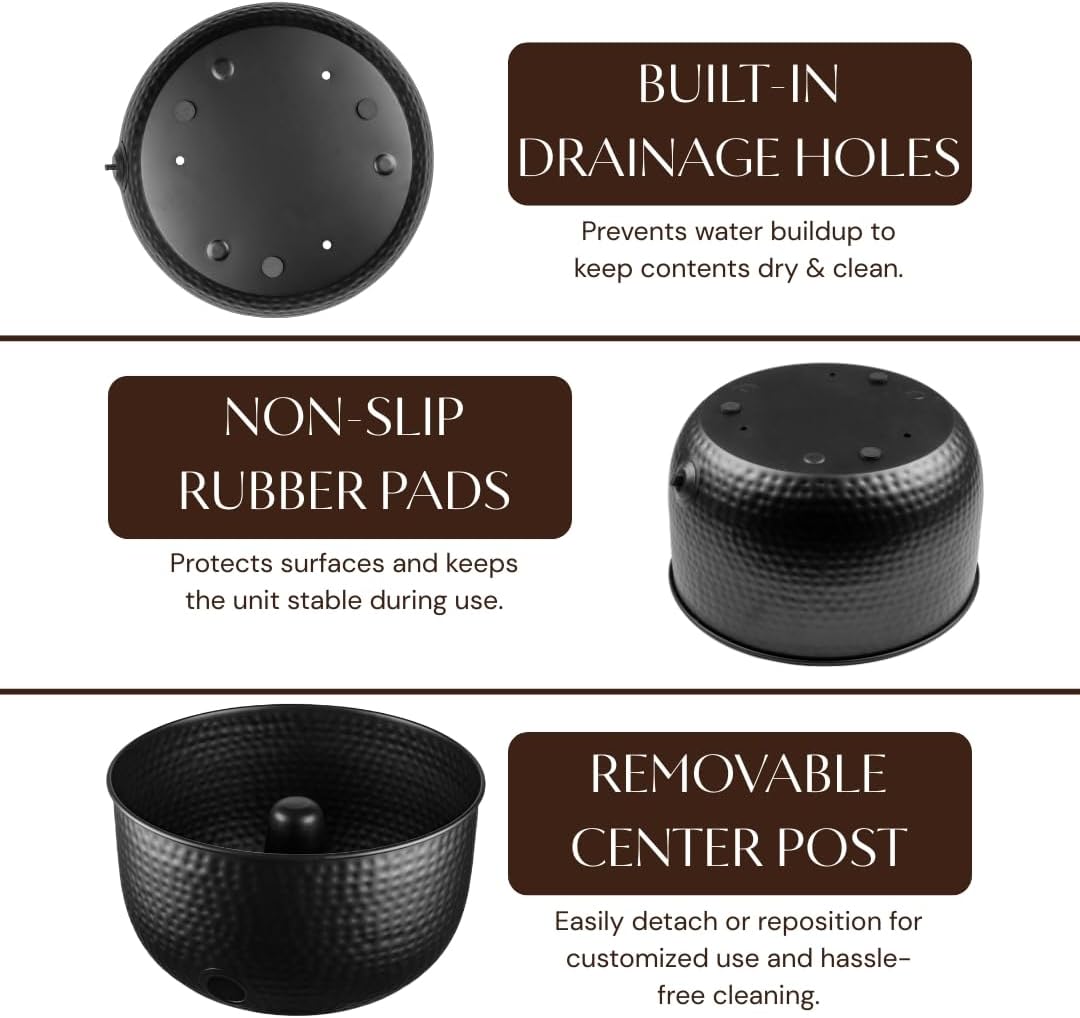 Monarch Abode Garden Hose Holder with Lid – Decorative Water Hose Holders for Outside, Hand Hammered Metal Matte Black Pot with Drainage, 100ft Waterhose Holder for Outside, Garden Storage Caddy