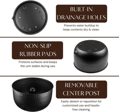 Monarch Abode Garden Hose Holder with Lid – Decorative Water Hose Holders for Outside, Hand Hammered Metal Matte Black Pot with Drainage, 100ft Waterhose Holder for Outside, Garden Storage Caddy