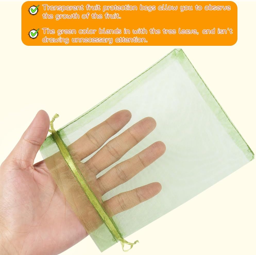 Shintop 100Pcs Fruit Protection Bags, 6x9 Inch Green Fruit Tree Netting Cover Drawstring Mesh Tomato Bags Pest Barrier for Apples Mango