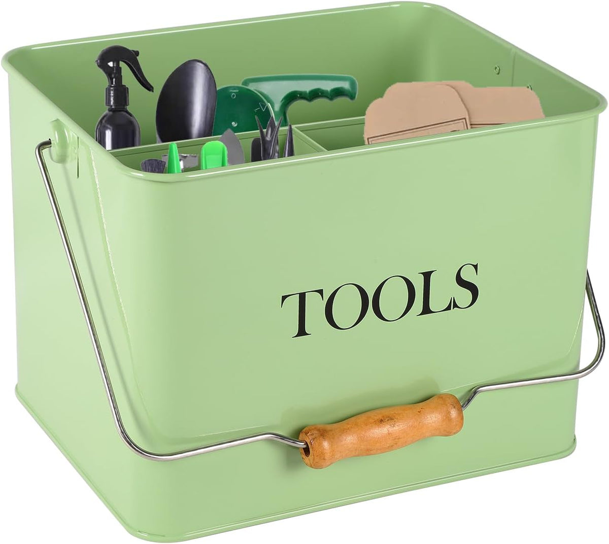 Garden Tool Organizer, Metal Tool Caddy with 3 Compartments, Portable Garden Tool Basket with Handle, Gardening Tool Kit Holder Empty, Garden Tool Storage for Indoor and Outdoor Use - Green