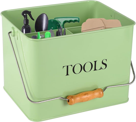 Garden Tool Organizer, Metal Tool Caddy with 3 Compartments, Portable Garden Tool Basket with Handle, Gardening Tool Kit Holder Empty, Garden Tool Storage for Indoor and Outdoor Use - Green