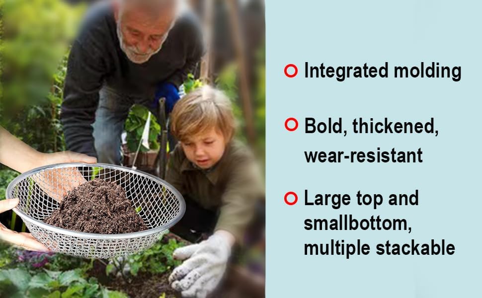2PCS Soil Sifter for Gardening, Rock Sifter for 5 Gallon Bucket,Compost Sifter Dirt Sifter,Captures Dirt Rocks Sawdust Black Handle Upgrade Version