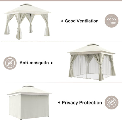 10x20 Gazebo Canopy with 100FT String Lights, Metal Heavy Duty Patio Canopy Tent with Double Roofs, Mosquito Nettings and Privacy Screens for Backyard, Garden, Lawn, Gray