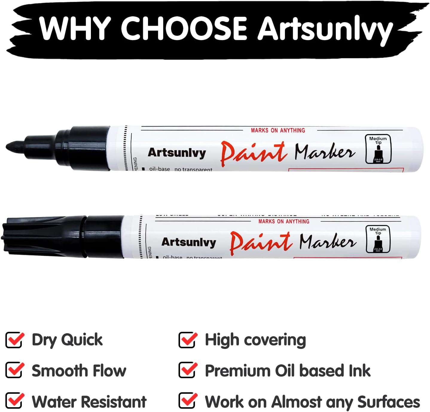 Artsunlvy White Paint Pens marking pens Permanent Markers - 2 Pack Oil Based Waterproof Markers for Tire, Rubber,Wood, Rocks, Metal, Canvas,Plastic, Dark Surface,Craft office Supplies,Medium Point