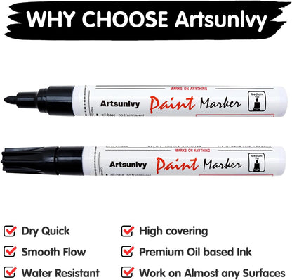Artsunlvy White Paint Pens marking pens Permanent Markers - 2 Pack Oil Based Waterproof Markers for Tire, Rubber,Wood, Rocks, Metal, Canvas,Plastic, Dark Surface,Craft office Supplies,Medium Point