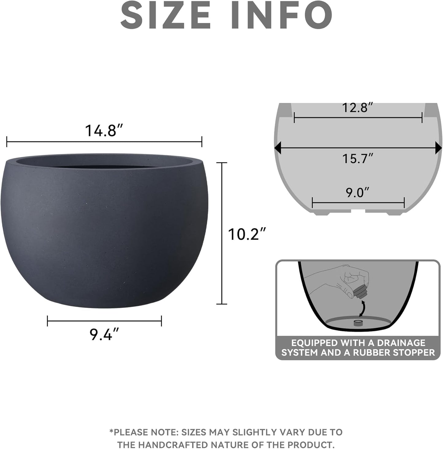 Large Round Bowl Vintage BRN Concrete Planter 19.9" Dia, Outdoor
