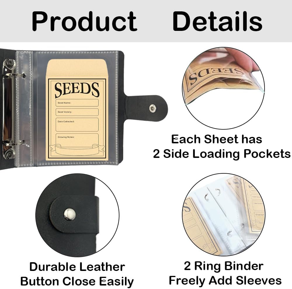 Seed Storage Organizer Binder, 3 Ring Seed Packet Organizer with 100 Pockets(25 Pack Clear Sheet Protectors), Garden Seed Holder Book for Envelopes, Seed Saving Keeper, Green